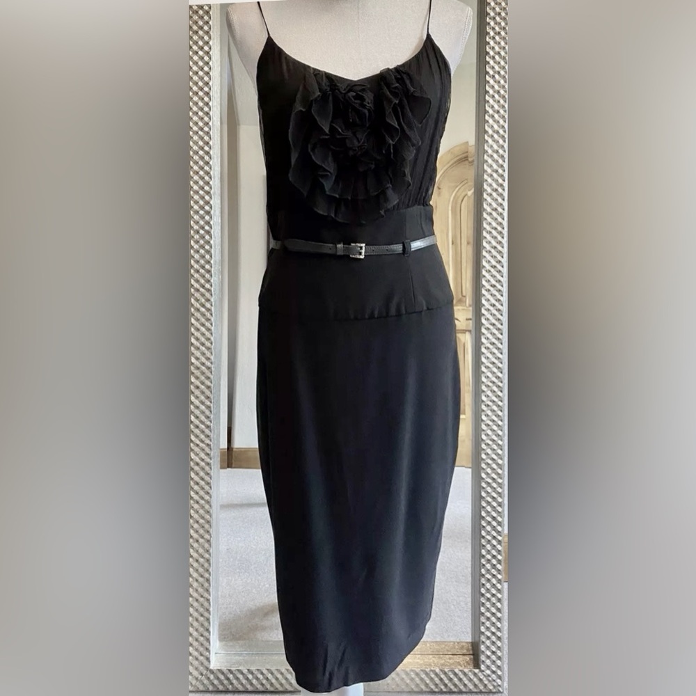 Black Halo Ruffles & Rosettes Strappy Pencil Sheath Dress w Elongated Waist